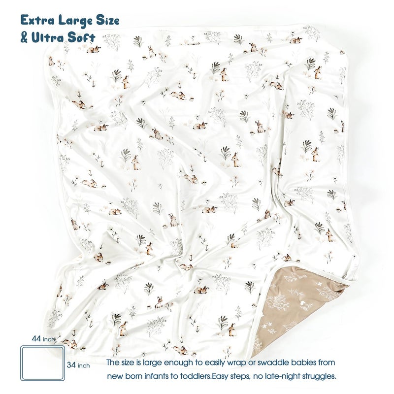 GRSSDER Baby Blankets Super Soft Stretchy Jersey Knit Swaddle Blanket for Girls and Boys, Double Layer Reversible Receiving Blankets 34 x 44, Extra Large for Swaddling, Cute Rabbit - Image 2