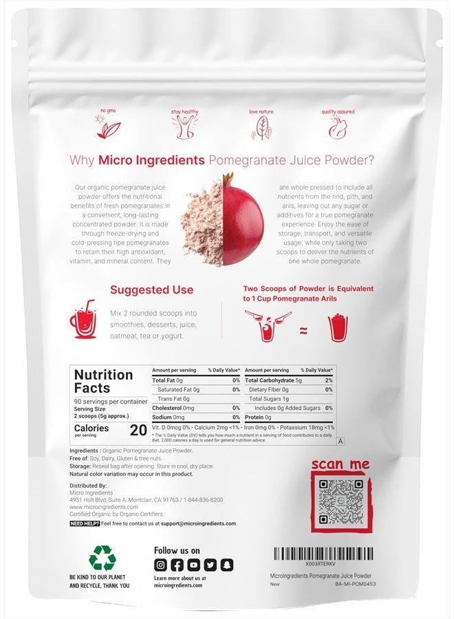 Micro Ingredients مسحوق عصير الرمان العضوي، 1 رطل | مسحوق فواكه طبيعي 100% | مجفف بالتجميد ومضغوط على البارد | بدون سكر وإضافات | نكهة رائعة للمشروبات، السموذي، والمشروبات | غير معدّل وراثيًا وصديق للنباتيين - Image 2