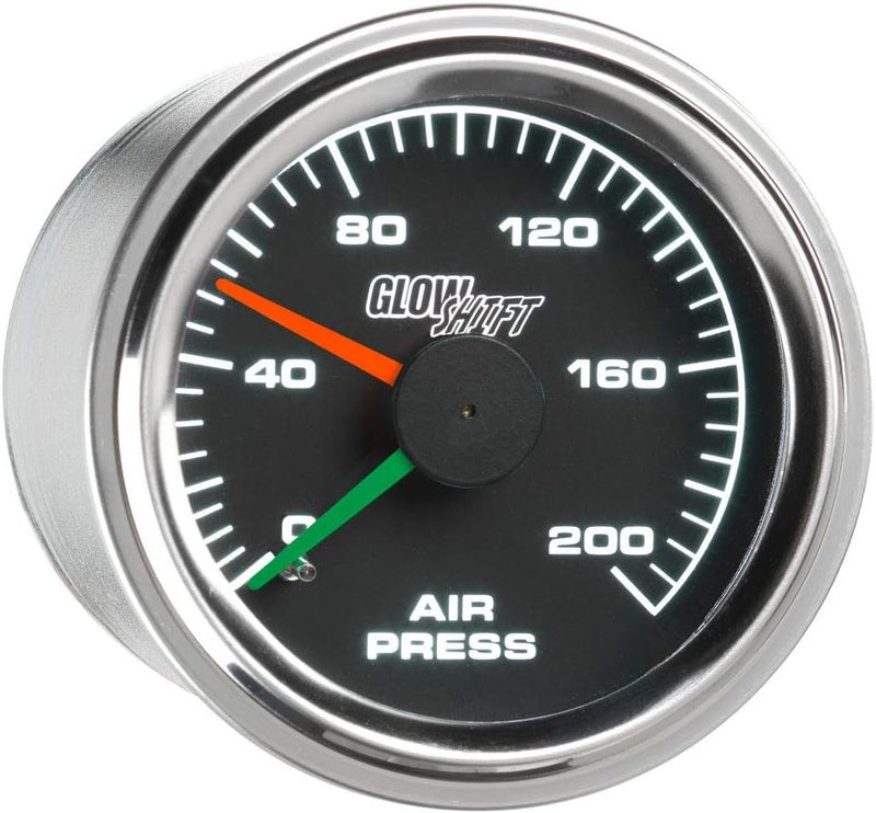 GLOWSHIFT 200 PSI Mechanical Dual Analog Air Pressure Gauge for Air Ride Suspension Systems - Black Dial - White LED Backlit - Clear Lens - Red & Green Needles - 2-1/16" 52mm - Image 1