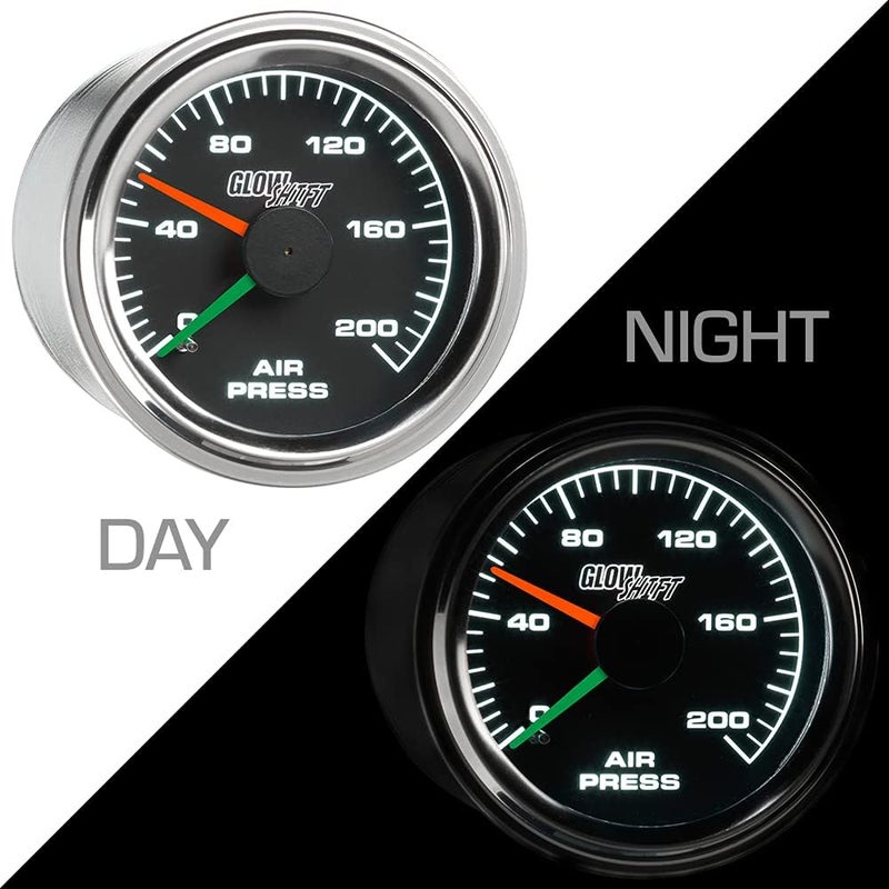 GLOWSHIFT 200 PSI Mechanical Dual Analog Air Pressure Gauge for Air Ride Suspension Systems - Black Dial - White LED Backlit - Clear Lens - Red & Green Needles - 2-1/16" 52mm - Image 3
