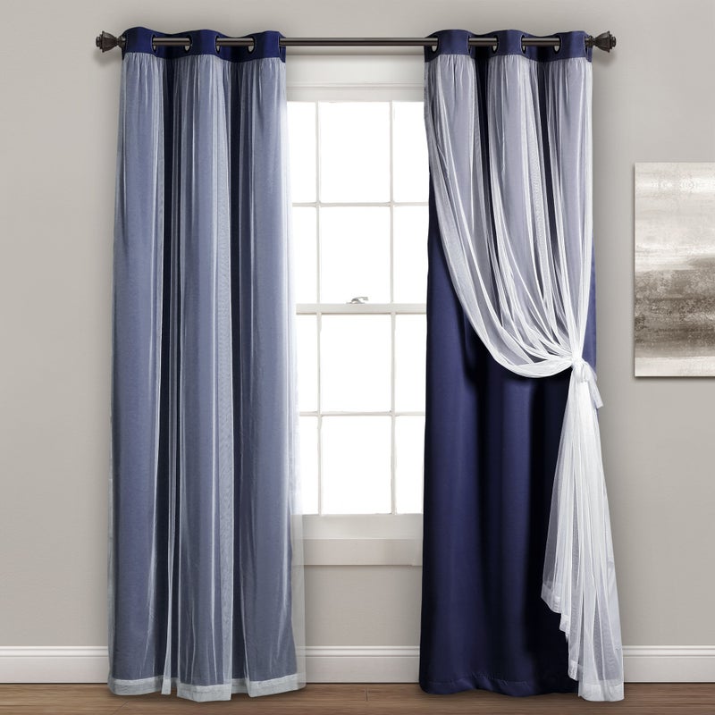 Lush Decor Sheer Grommet Curtains With Insulated Blackout Lining Window Curtain Panels Pair 38W x 84L Navy  Curtain With Sheer Overlay Elegant Blackout Curtains for Bedroom