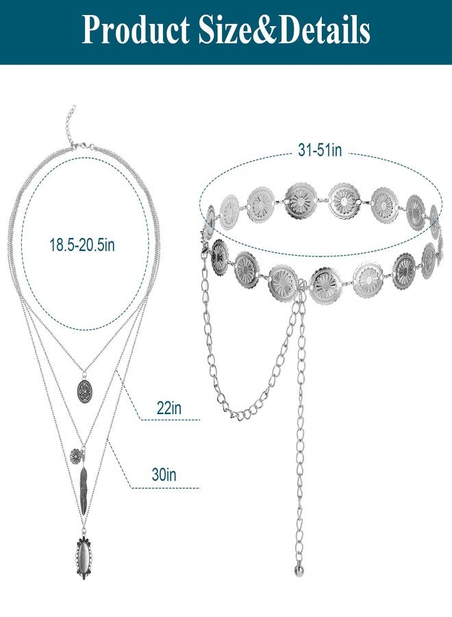 Geyoga 4 Pcs Western Cowboy Hat Costume Turquoise Belt Women Bohemian Turquoise Necklace Vintage Drop Earrings (Black) - Image 3