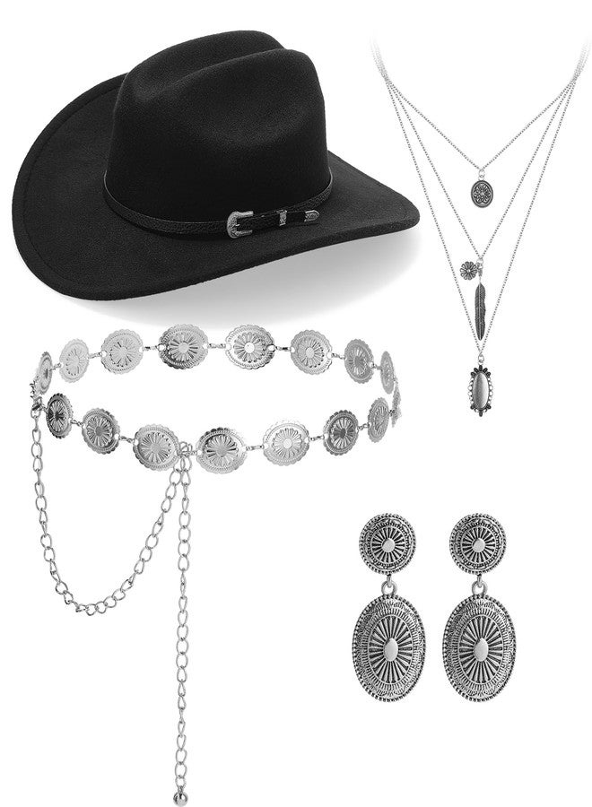 Geyoga 4 Pcs Western Cowboy Hat Costume Turquoise Belt Women Bohemian Turquoise Necklace Vintage Drop Earrings (Black) - Image 1