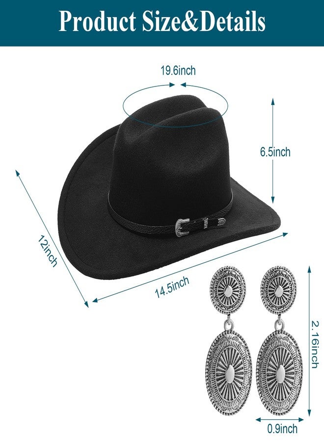 Geyoga 4 Pcs Western Cowboy Hat Costume Turquoise Belt Women Bohemian Turquoise Necklace Vintage Drop Earrings (Black) - Image 2