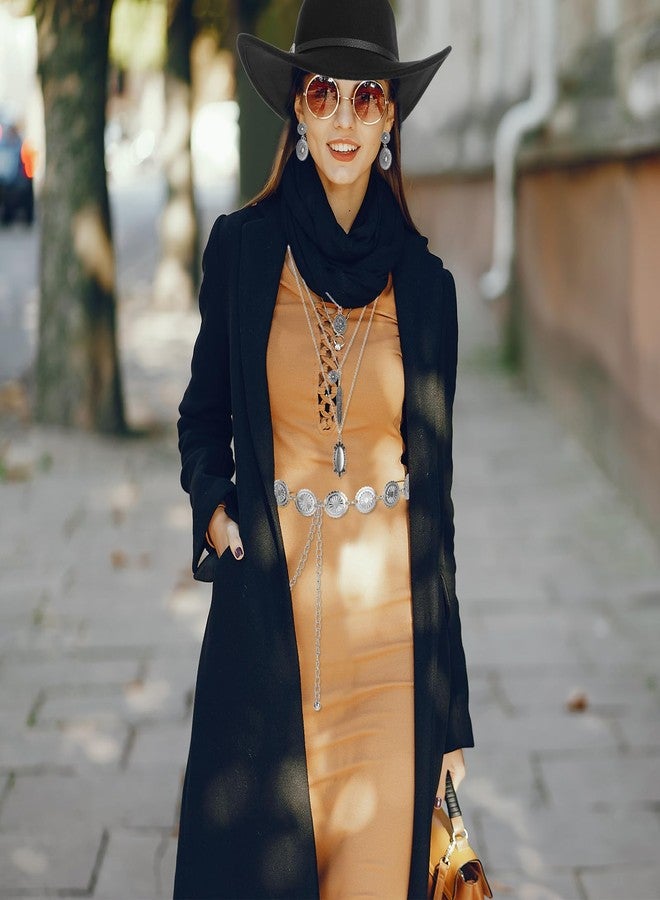 Geyoga 4 Pcs Western Cowboy Hat Costume Turquoise Belt Women Bohemian Turquoise Necklace Vintage Drop Earrings (Black) - Image 5