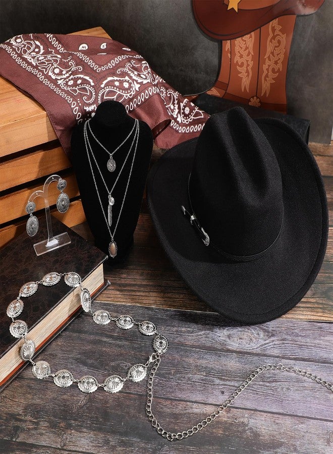 Geyoga 4 Pcs Western Cowboy Hat Costume Turquoise Belt Women Bohemian Turquoise Necklace Vintage Drop Earrings (Black) - Image 4