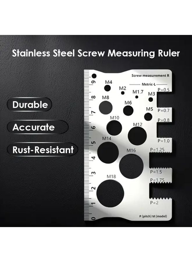 M12 Thread Gauge Heavy Duty Stainless Steel Screw Bolt Measuring Tape Ruler Metric Imperial Scale Silvery - Image 1