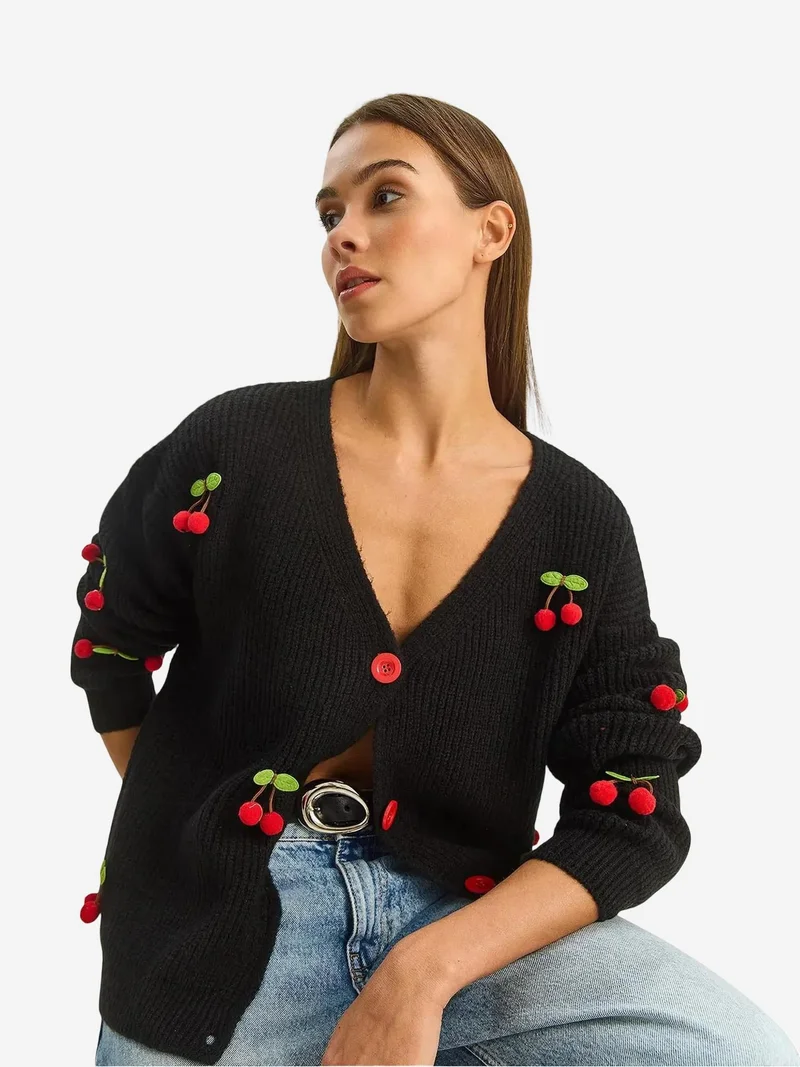 Bianco Lucci  LUCCI V-Neck Fruit Embroidered Knitwear Cardigan for Women | Best Price UAE