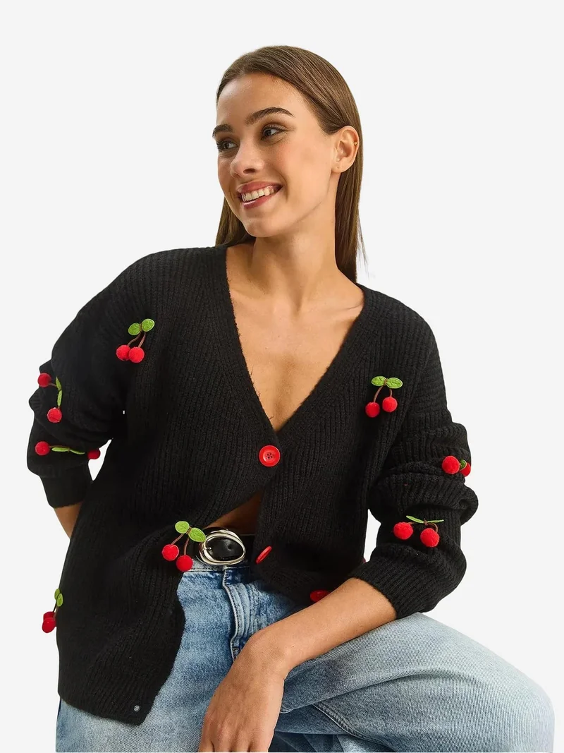 Bianco Lucci  LUCCI V-Neck Fruit Embroidered Knitwear Cardigan for Women | Best Price UAE