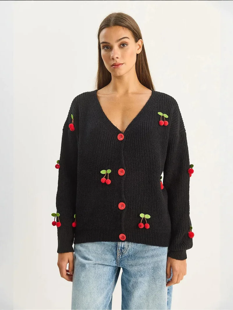 Bianco Lucci  LUCCI V-Neck Fruit Embroidered Knitwear Cardigan for Women | Best Price UAE