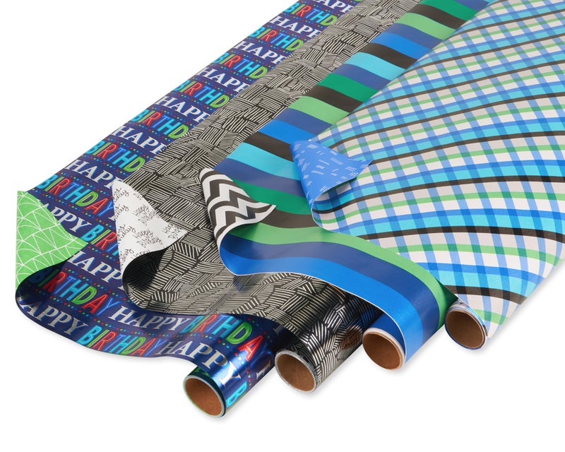 American Greetings Reversible Wrapping Paper for Graduation Birthdays and All Occasions Plaid and Stripes 4 Rolls 120 sq ft