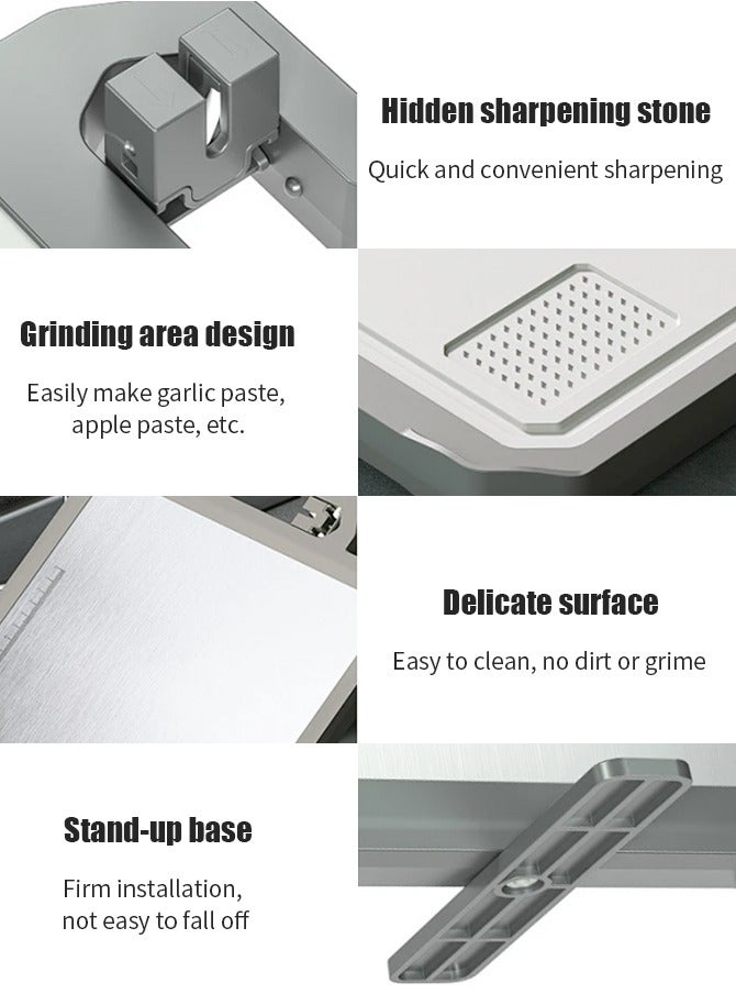 Sumkyle Chopping board, double-sided chopping board with grating function, with sharpening stone and length scale, standing draining, stainless steel chopping board for cutting meat, fruit and vegetables - Image 2