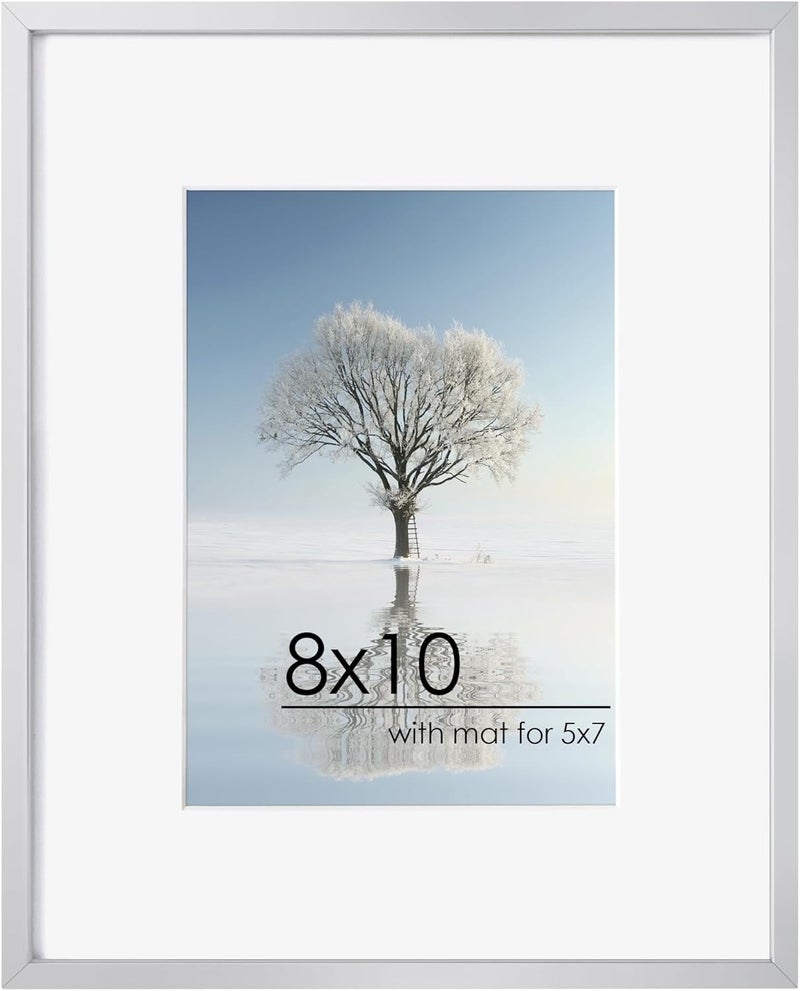 FLYJOE 8x10 Picture Frame - Metal Frame With Mat 5x7 | 8 x 10 Aluminum Photo Frame | Plexiglass And Hanging Hardware Included | Black 8x10 Picture Frame | Silver - Image 1