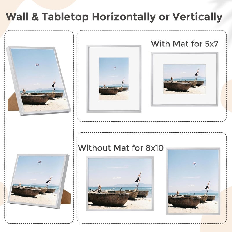 FLYJOE 8x10 Picture Frame - Metal Frame With Mat 5x7 | 8 x 10 Aluminum Photo Frame | Plexiglass And Hanging Hardware Included | Black 8x10 Picture Frame | Silver - Image 4
