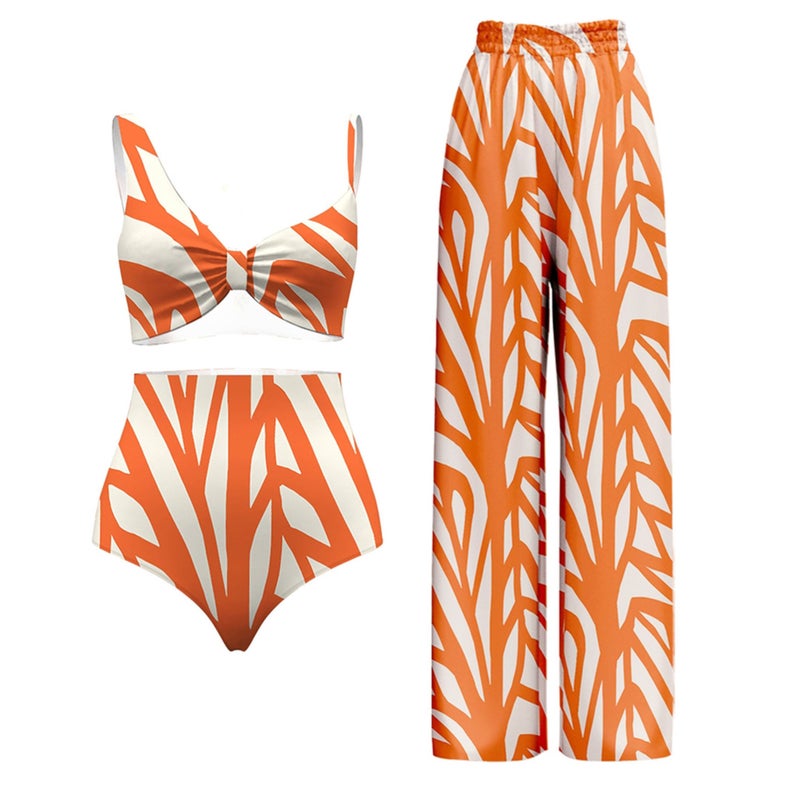 2023 Fashion Striped Print Swimwear Set with Cover-Up Split bikini  - Image 2
