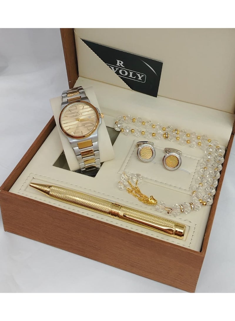 ريفولي طقم رجالي من الستانلس ستيل يتكون من ساعة وسبحة وقلم وازرار اكمام