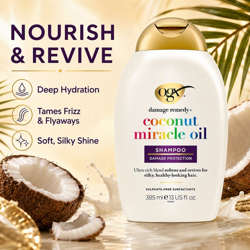 OGX Coconut Miracle Oil Shampoo 385 ml - Nourishing Hair Cleanser Infused with Coconut Oil for Deep Hydration, Softness, and Healthy-Looking Hair Care - Image 2