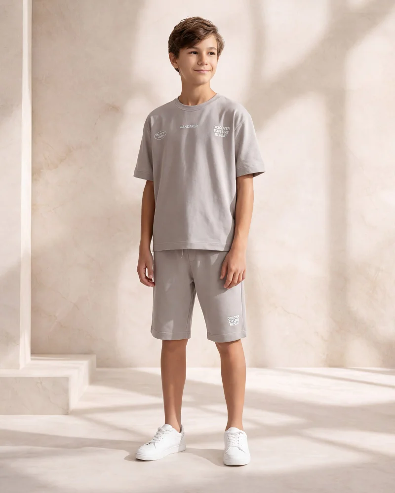 Redtag Senior Boys Mid Grey Interlock T-Shirt And Shorts Set