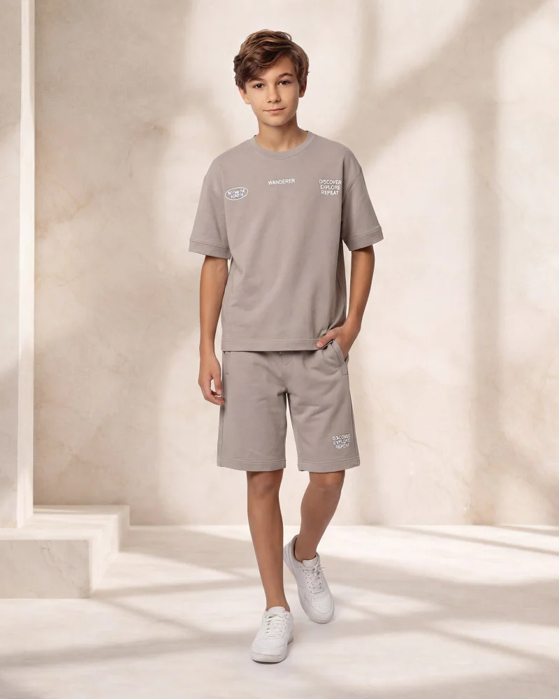 Redtag Senior Boys Mid Grey Interlock T-Shirt And Shorts Set