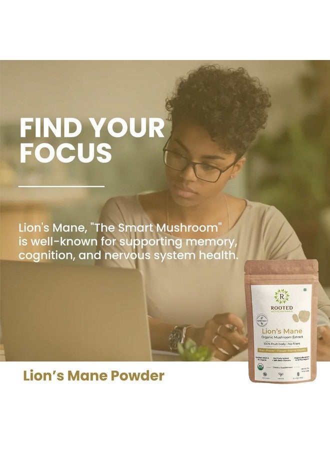 Rooted Actives Lions Mane mushroom Extract (60 g) | Memory, Focus, Brain Powder & Nerve Health. USDA Organic, 38% Beta Glucans - Image 3