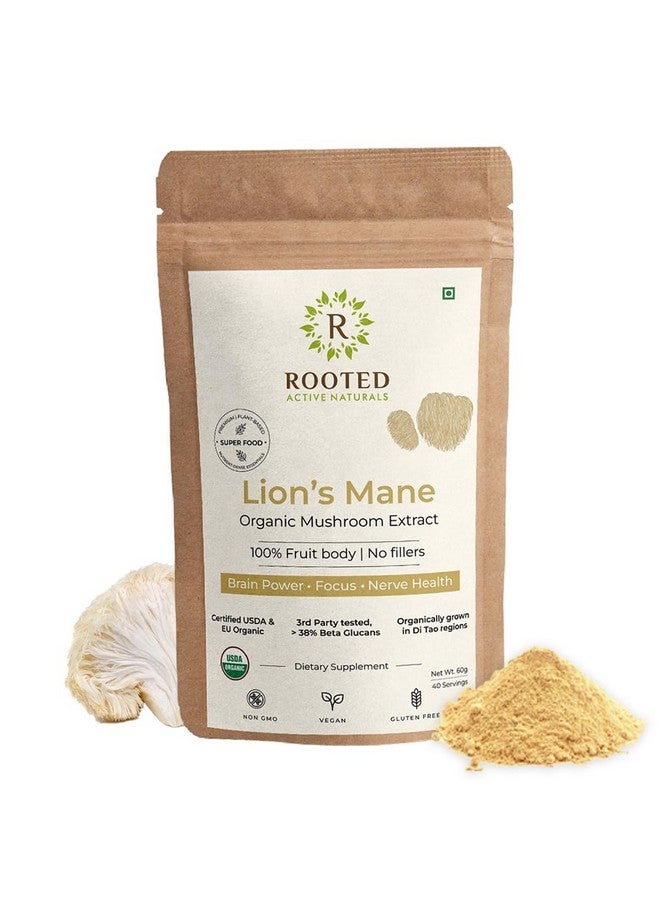 Rooted Actives Lions Mane mushroom Extract (60 g) | Memory, Focus, Brain Powder & Nerve Health. USDA Organic, 38% Beta Glucans - Image 1