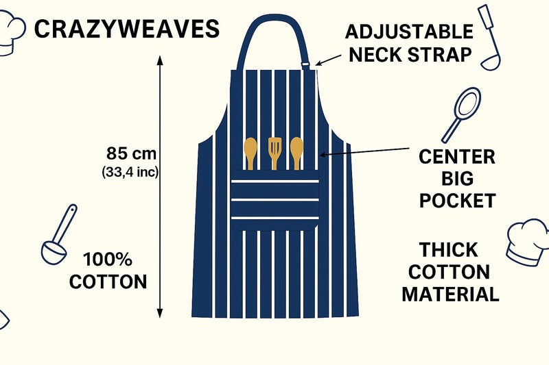 CRAZYWEAVES 100% Cotton Kitchen Apron for Women & Men – Blue Dobby Stripe Design with Front Pocket – Adjustable Neck Strap – Cooking, Baking, BBQ, and Cleaning Apron - Image 2