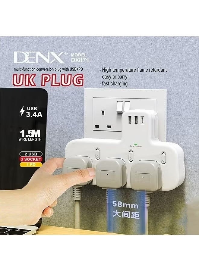 Denx Wall-Mount Power Strip with 3 Triple Outlets, 2 USB Ports & PD Quick-Charge | Multi-Device Charging Station with Surge Protection | Home & Office Essential - Image 2