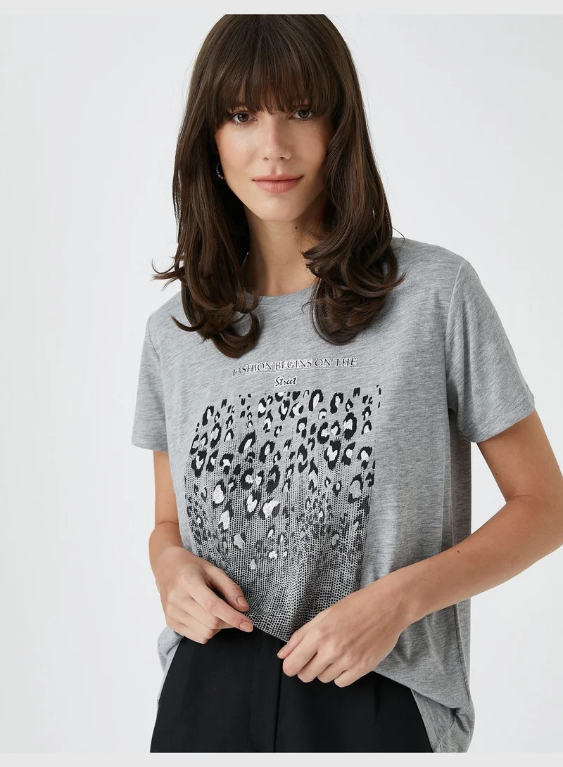 كوتون Leopard Short Sleeve Crew Neck T-Shirt