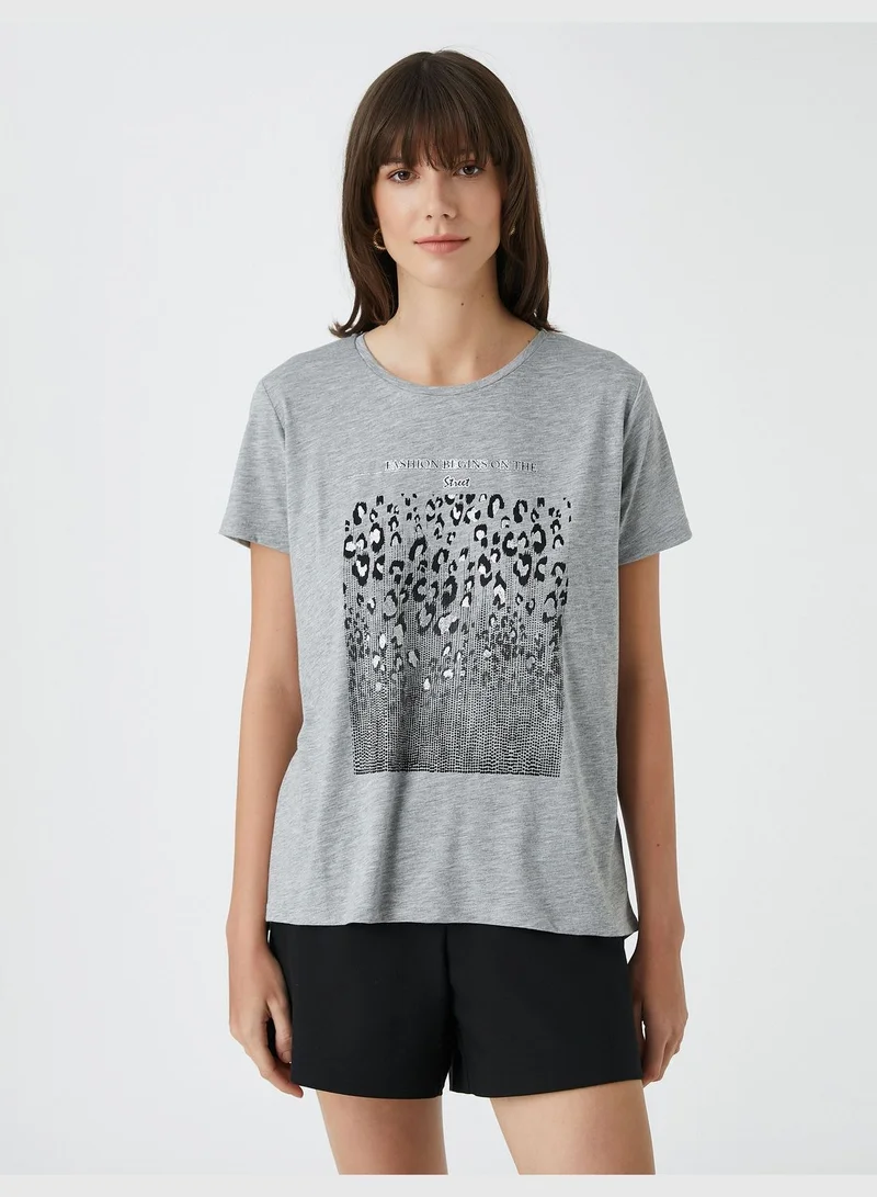 كوتون Leopard Short Sleeve Crew Neck T-Shirt