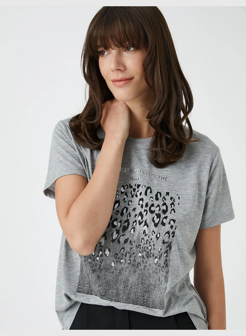 كوتون Leopard Short Sleeve Crew Neck T-Shirt