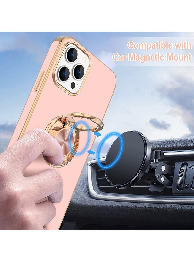 Raxoom Soft Silicon Shockproof Luxury Gold Lining Case Rotatable Magnetic Ring Grip Holder Car Mount Kickstand Cover Compatible for iPhone 14 Pro Max (Pink) - Image 3