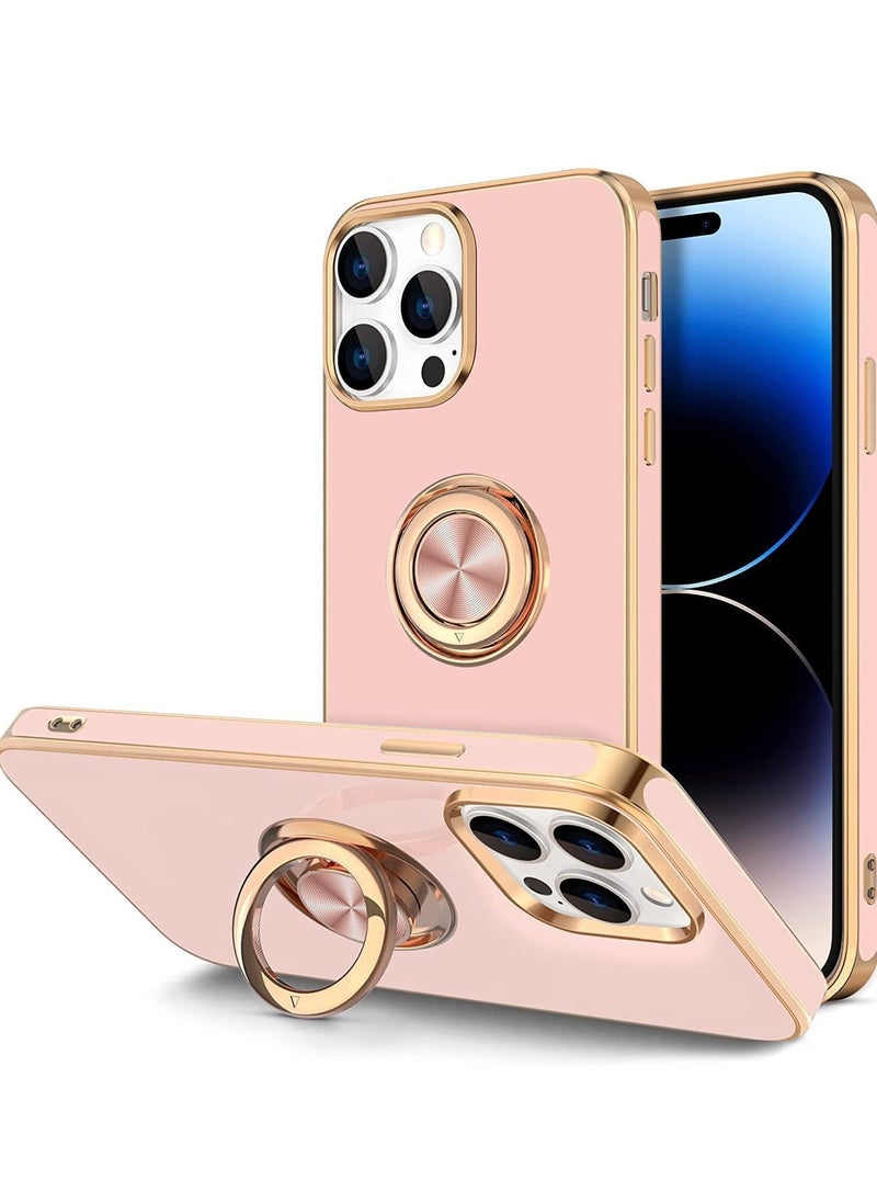 Raxoom Soft Silicon Shockproof Luxury Gold Lining Case Rotatable Magnetic Ring Grip Holder Car Mount Kickstand Cover Compatible for iPhone 14 Pro Max (Pink) - Image 1