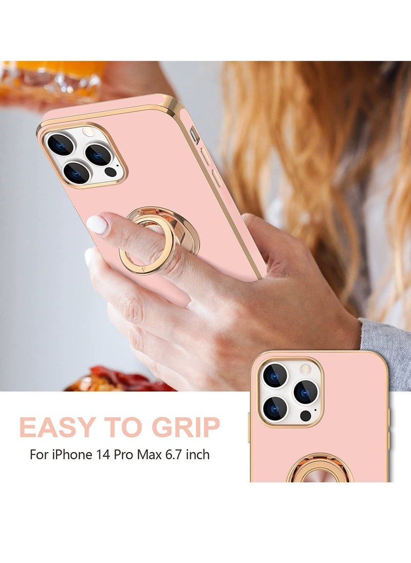 Raxoom Soft Silicon Shockproof Luxury Gold Lining Case Rotatable Magnetic Ring Grip Holder Car Mount Kickstand Cover Compatible for iPhone 14 Pro Max (Pink) - Image 5