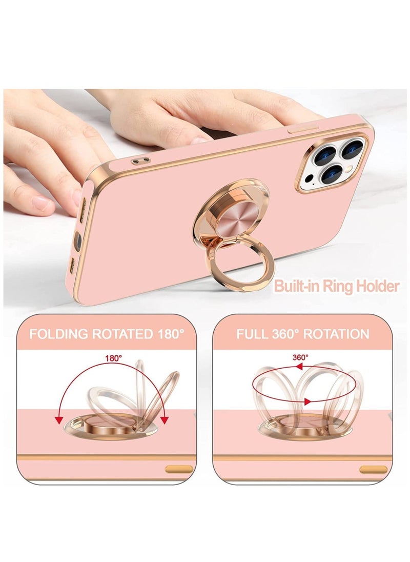 Raxoom Soft Silicon Shockproof Luxury Gold Lining Case Rotatable Magnetic Ring Grip Holder Car Mount Kickstand Cover Compatible for iPhone 14 Pro Max (Pink) - Image 2