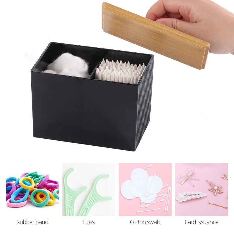 Ohlove Qtip Holder with Bamboo Lids, 3 Compartments Cotton Ball/Swabs Dispenser, Apothecary Jar Plastic Container for Storage and Organizer (Black) - Image 3
