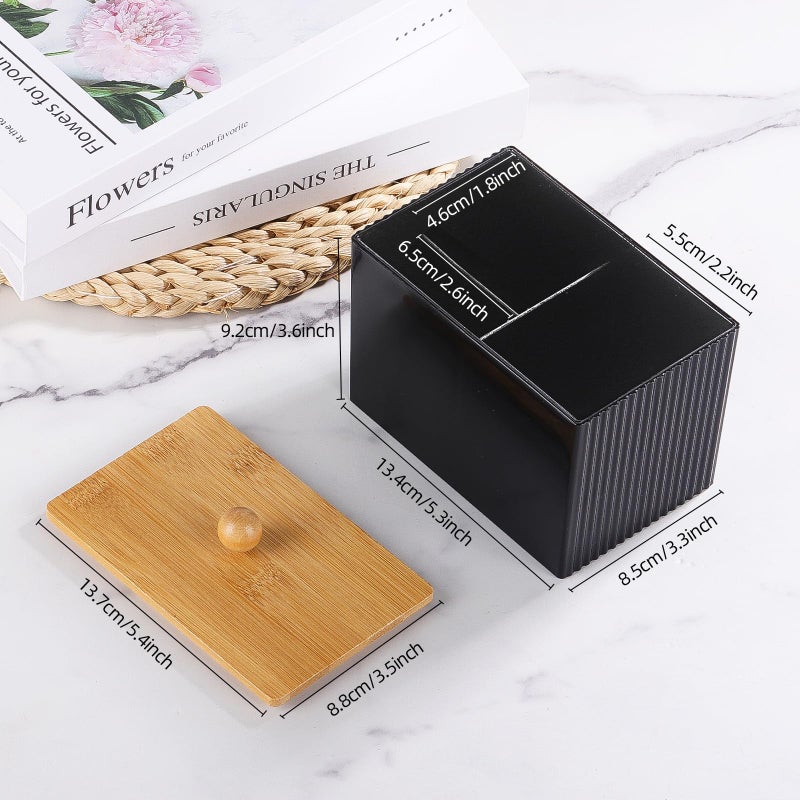 Ohlove Qtip Holder with Bamboo Lids, 3 Compartments Cotton Ball/Swabs Dispenser, Apothecary Jar Plastic Container for Storage and Organizer (Black) - Image 4