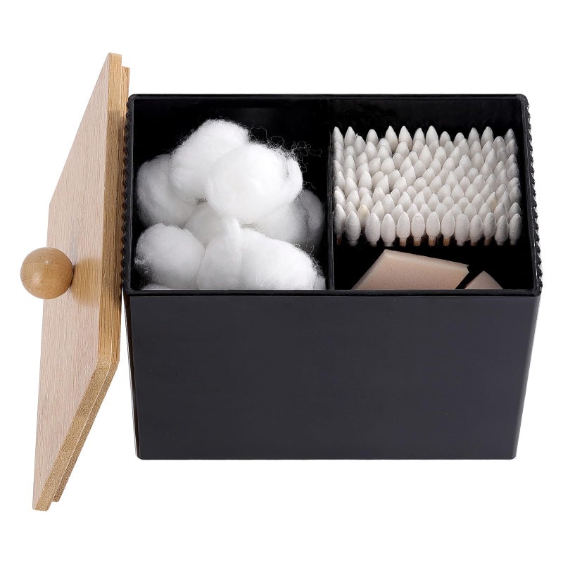 Ohlove Qtip Holder with Bamboo Lids, 3 Compartments Cotton Ball/Swabs Dispenser, Apothecary Jar Plastic Container for Storage and Organizer (Black) - Image 1