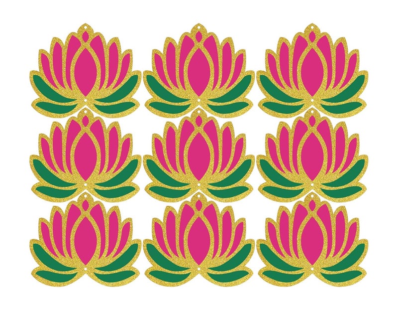 SVM CRAFT SVM CRAFT Happy Diwali tagGold Glitter Lotus Flower Cutout Lotus CutOut DIY Rangoli Kit for Rangoli Pooja Decorations Festival Gift Wedding Decorations Pink Pack of 12 