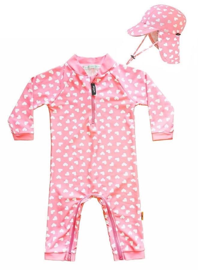 weVSwe Baby Girls Newborn Pink Heart Swimsuit Toddler Rash Guard Sun Protection Infant Swimwear with Sun Hat 12-18 Months - Image 1