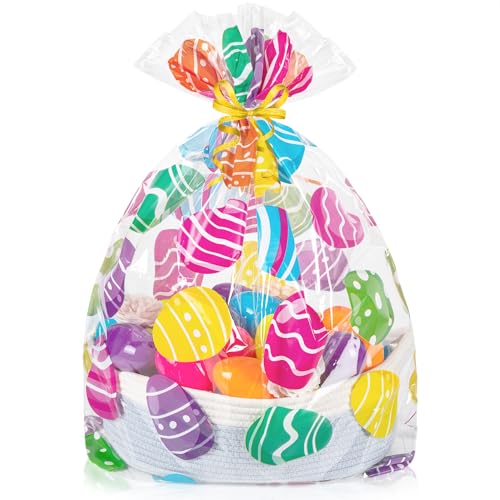 CUDICY Easter Bags 10pcs Large Cellophane Bags 24x30 Inch Cellophane Wrap for Gift Baskets Clear Plastic Gift Wrapping - Image 1