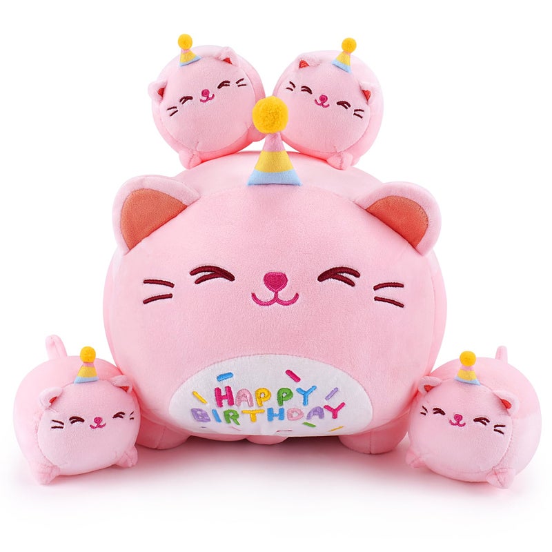 Auspicious beginning Pink Birthday Cat Plush 5 PCS Cat Plush Stuffed Animal Family 16 Pink Cat Mommy White Cat with 4 Baby Kittens Cat PlushiesKawaii Cat Plush Toy Christmas Birthday Gifts for Kids Boys Girls - Image 3