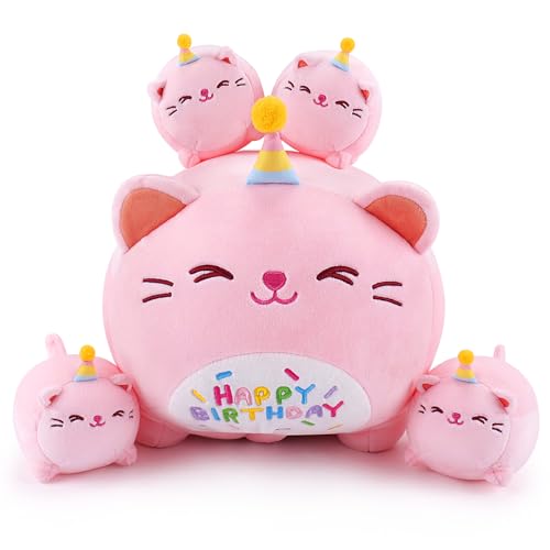 Auspicious beginning Pink Birthday Cat Plush 5 PCS Cat Plush Stuffed Animal Family 16 Pink Cat Mommy White Cat with 4 Baby Kittens Cat PlushiesKawaii Cat Plush Toy Christmas Birthday Gifts for Kids Boys Girls - Image 1