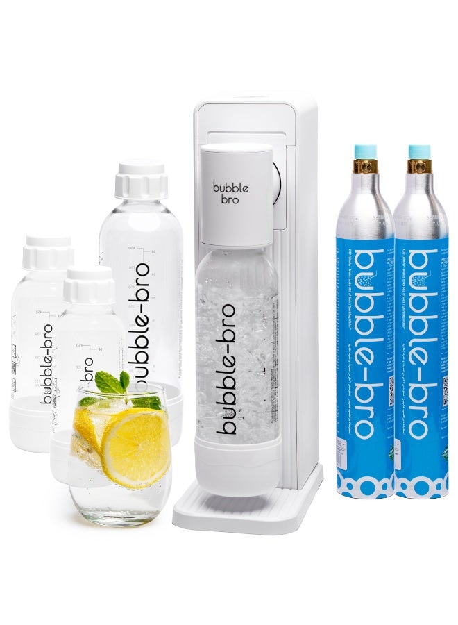 بابل-برو حزمة عائلية لصانع المياه الفوارة من bubble-bro Origin - مع 2 × 60 لتر من أسطوانات CO2 ، 1 × زجاجة إضافية سعة 1 لتر و 2 × زجاجة 500 مل (أبيض) - Image 1