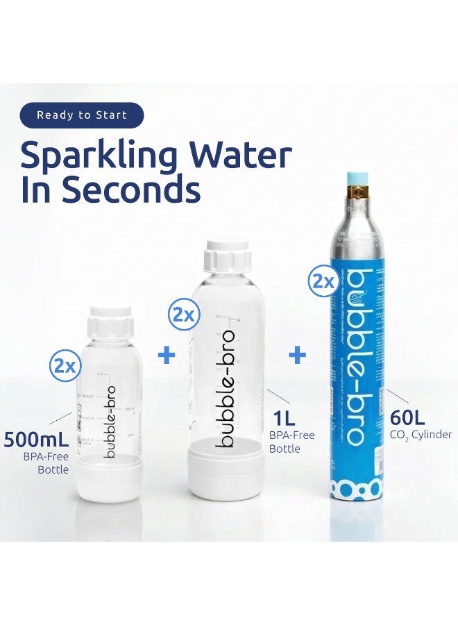 بابل-برو حزمة عائلية لصانع المياه الفوارة من bubble-bro Origin - مع 2 × 60 لتر من أسطوانات CO2 ، 1 × زجاجة إضافية سعة 1 لتر و 2 × زجاجة 500 مل (أبيض) - Image 2