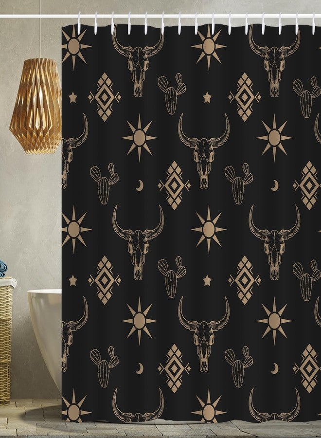 She Love Western Aztec Shower Curtain for Bathroom Boho Cactus Bull Skull Cow Longhorn Skullhead 72x72 Inch Black Shower Curtains Western with Hooks Waterproof Polyester Curtain (Black Gold Bull Skull) - Image 1