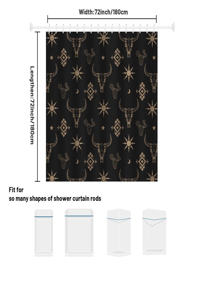 She Love Western Aztec Shower Curtain for Bathroom Boho Cactus Bull Skull Cow Longhorn Skullhead 72x72 Inch Black Shower Curtains Western with Hooks Waterproof Polyester Curtain (Black Gold Bull Skull) - Image 2