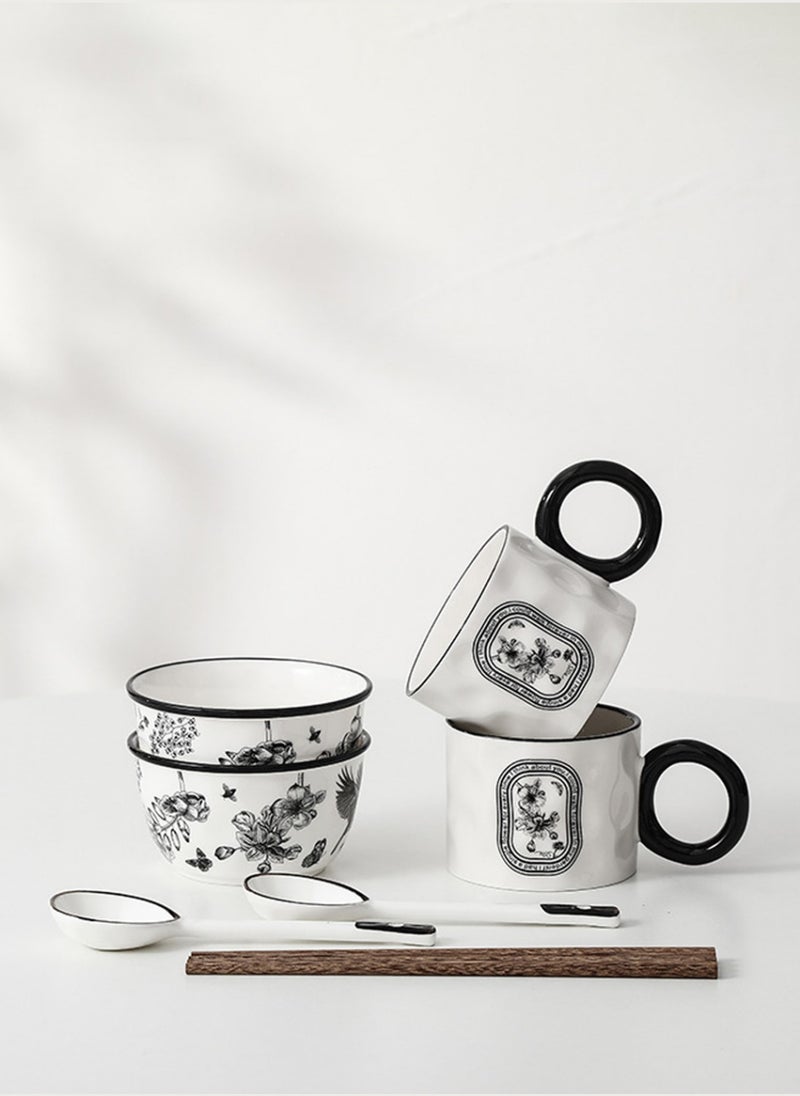 Generic - Ceramic Cutlery Gift Set, Set Of Two Bowls (4.6 "), Two Cups (300Ml), Two Pairs Of Chopsticks And Two Spoons, Suitable For Two People - Image 1
