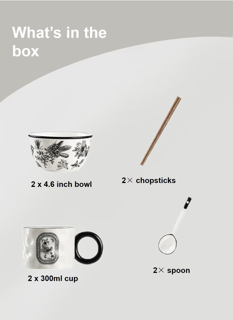 Generic - Ceramic Cutlery Gift Set, Set Of Two Bowls (4.6 "), Two Cups (300Ml), Two Pairs Of Chopsticks And Two Spoons, Suitable For Two People - Image 1