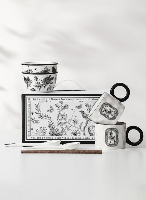 Ceramic Cutlery Gift Set, Set Of Two Bowls (4.6 "), Two Cups (300Ml), Two Pairs Of Chopsticks And Two Spoons, Suitable For Two People