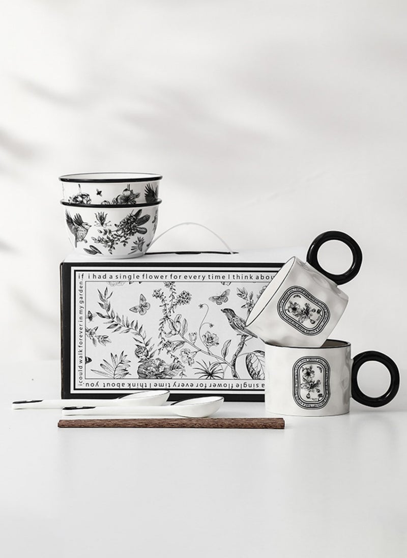 Generic - Ceramic Cutlery Gift Set, Set Of Two Bowls (4.6 "), Two Cups (300Ml), Two Pairs Of Chopsticks And Two Spoons, Suitable For Two People - Image 1